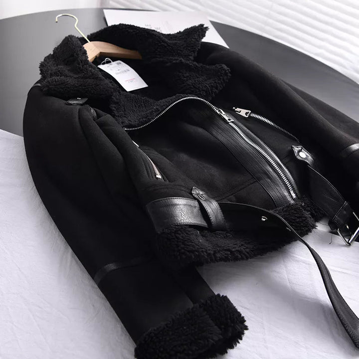 Elira | Dame Wildlederfrakke med Fleecefor og Taljebælte, Varm Vinterfrakke