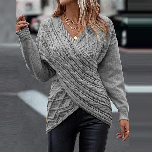 Olvia | Dame Asymmetrisk V-Hals Wrap Sweater til Hyggefulde Vinterdage