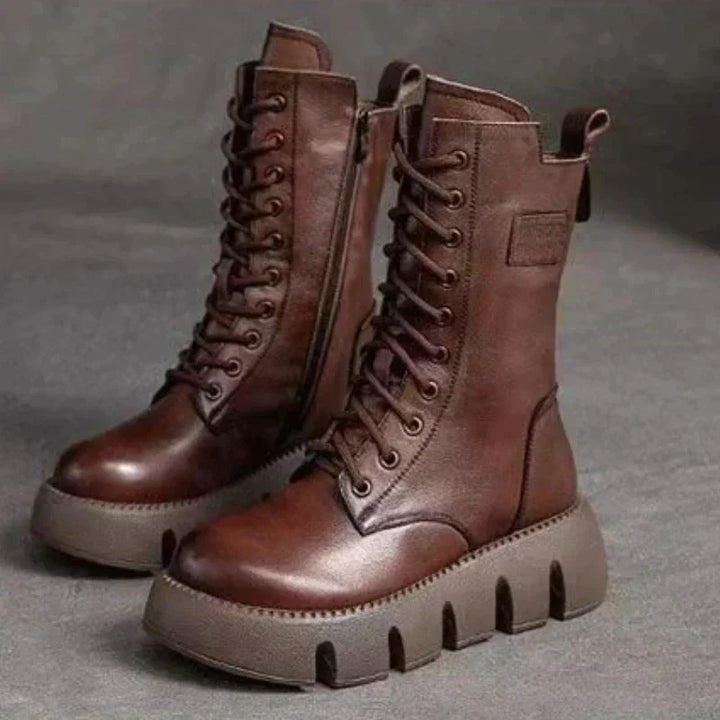 Mariva | Dame Chunky Heel Læderstøvler med Lynlås og Snørring, Mellemhøje og Fôrede