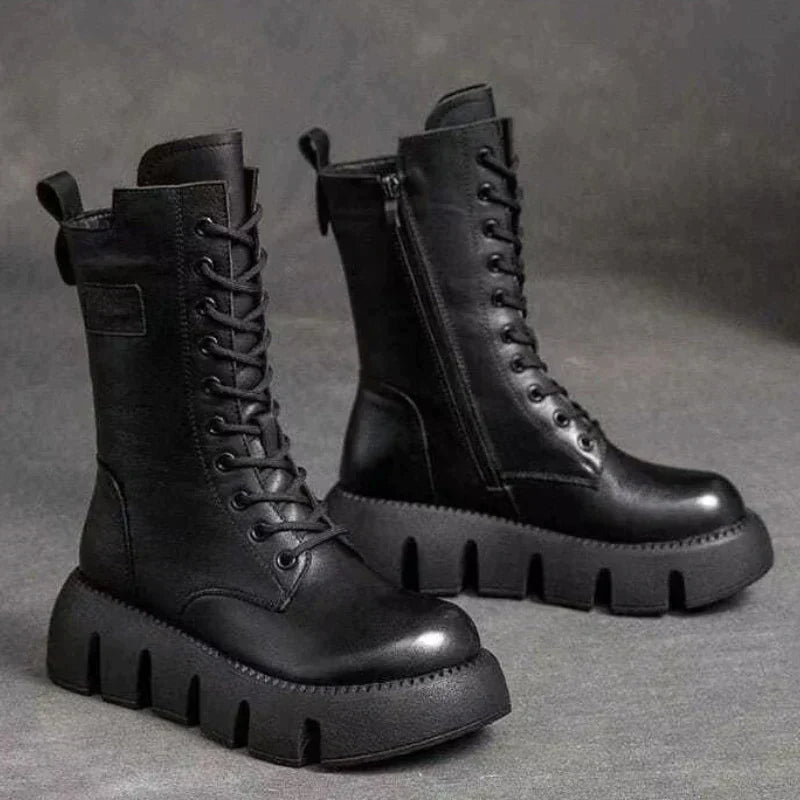 Mariva | Dame Chunky Heel Læderstøvler med Lynlås og Snørring, Mellemhøje og Fôrede