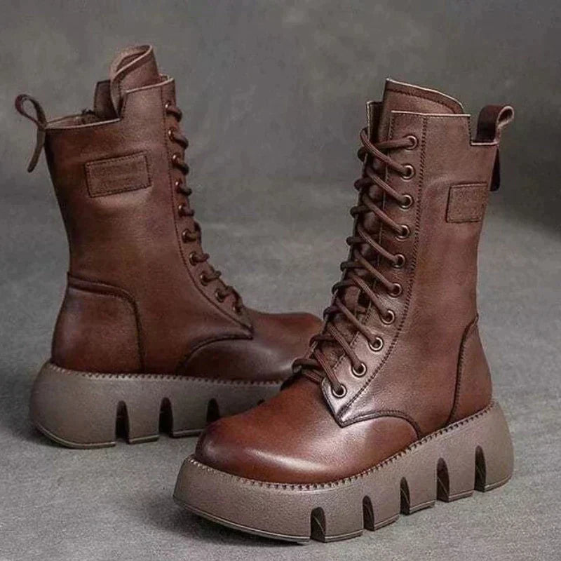 Mariva | Dame Chunky Heel Læderstøvler med Lynlås og Snørring, Mellemhøje og Fôrede