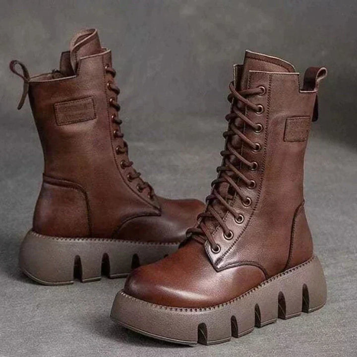 Mariva | Dame Chunky Heel Læderstøvler med Lynlås og Snørring, Mellemhøje og Fôrede